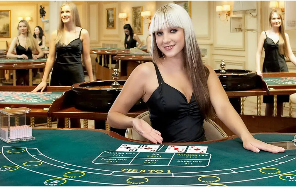 Dealer dan meja permainan dalam ruang kasino live